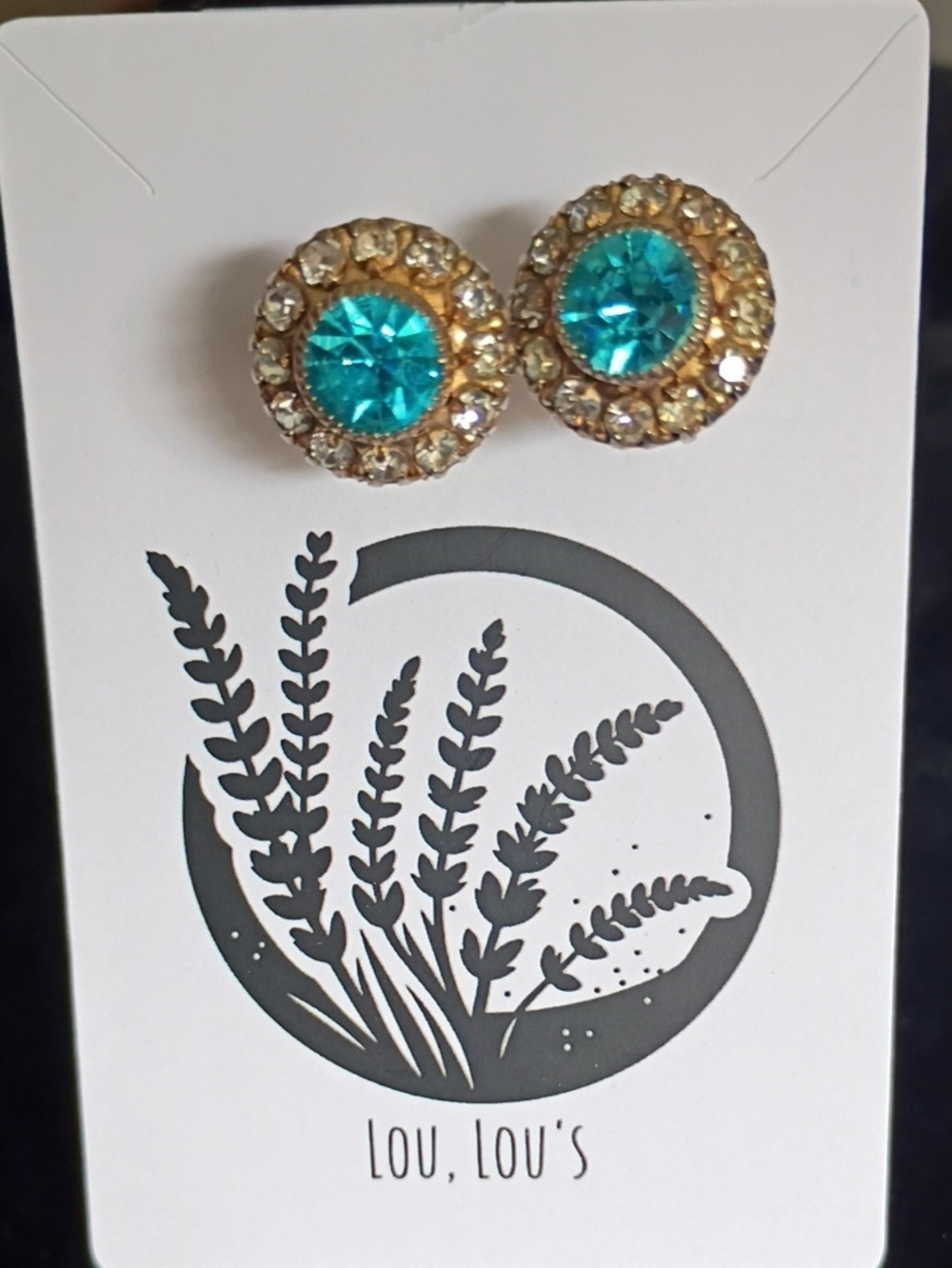 Vintage Gold Crystal Stud Earrings with Aqua Blue Center & Screw Post